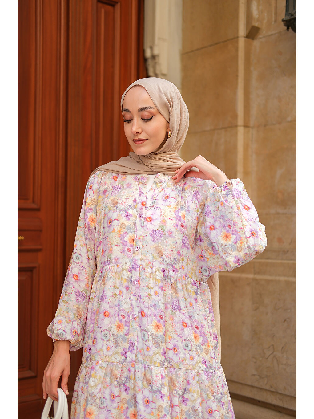 Kadın Çiçek Desenli Elbise Mor-1