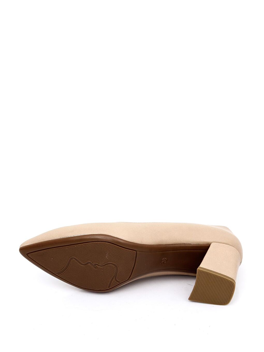 Bej NUDE  Hakiki Deri Sivri Burun Orta Kalın Topuklu Kadın Ayakkabı 24170-6