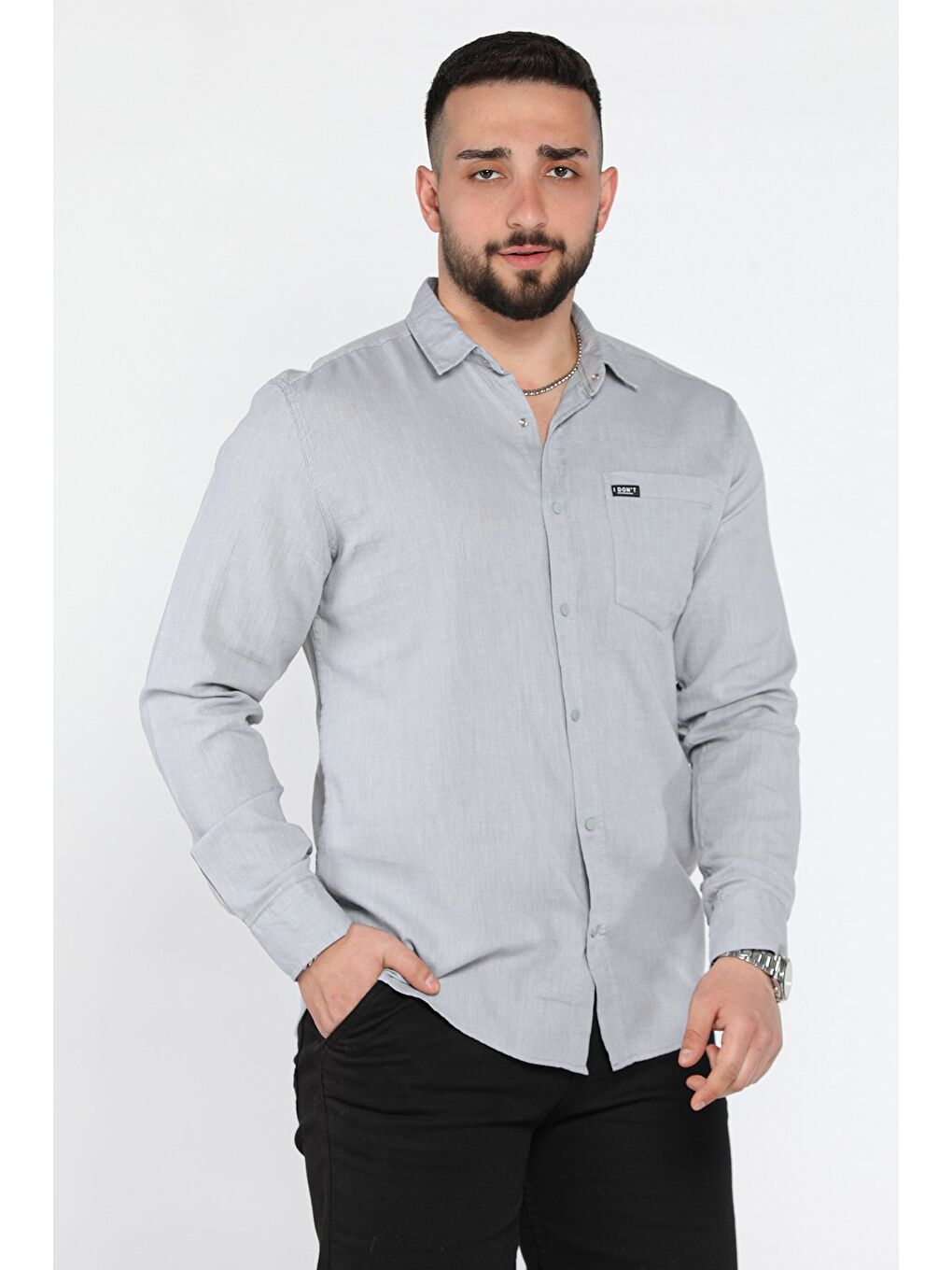 Gri Erkek Tek Cepli Ön Çıtçıtlı Uzun Kol Gömlek