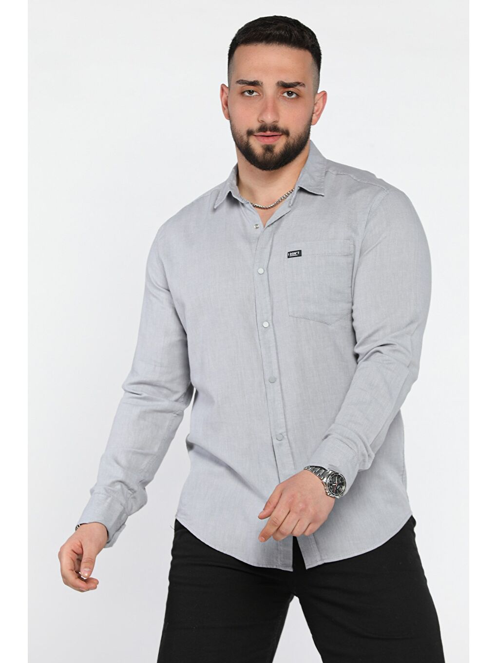 Gri Erkek Tek Cepli Ön Çıtçıtlı Uzun Kol Gömlek-1