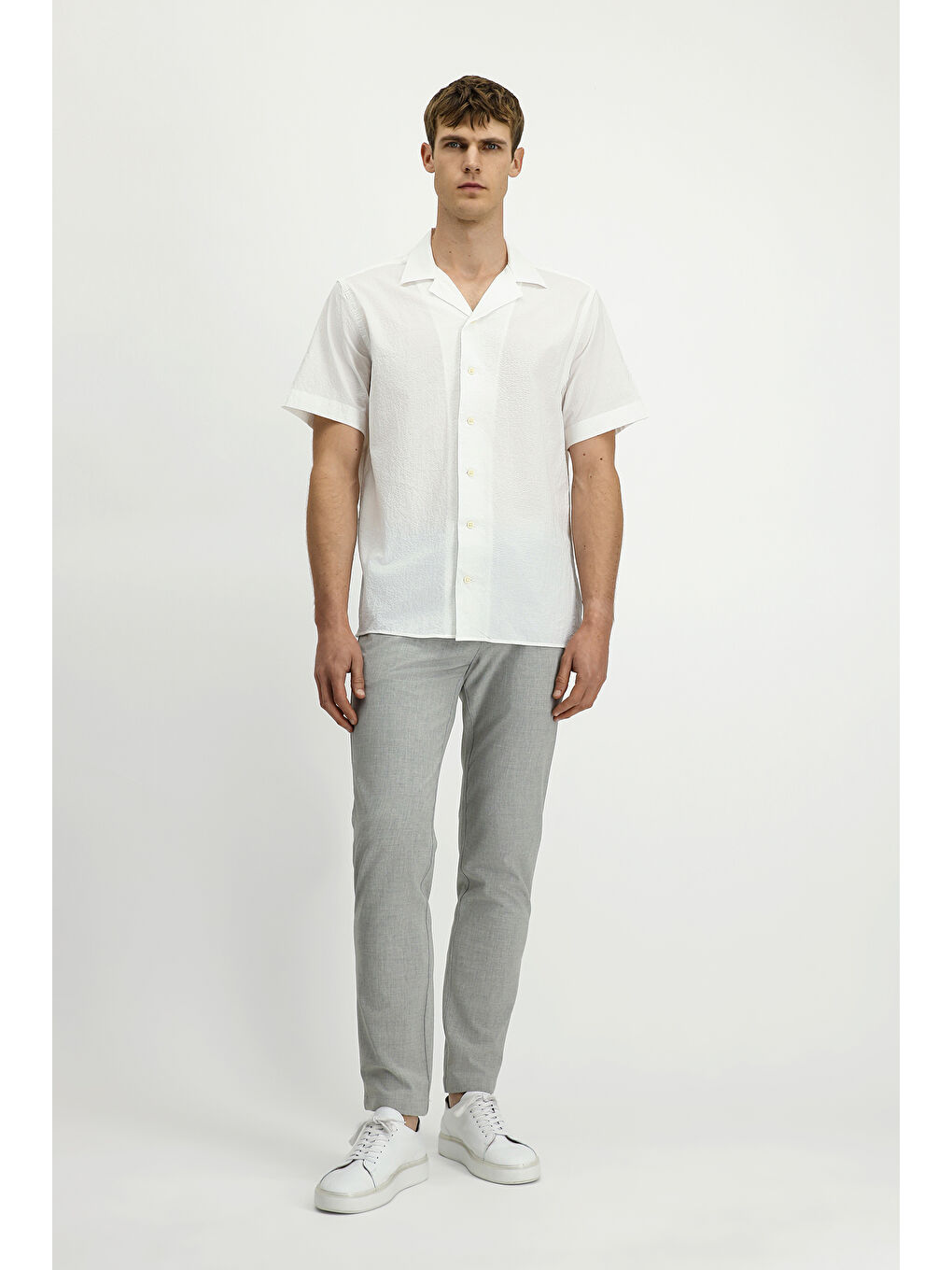 Gri Regular Fit Beli Lastikli İpli Elastanlı Pantolon-1