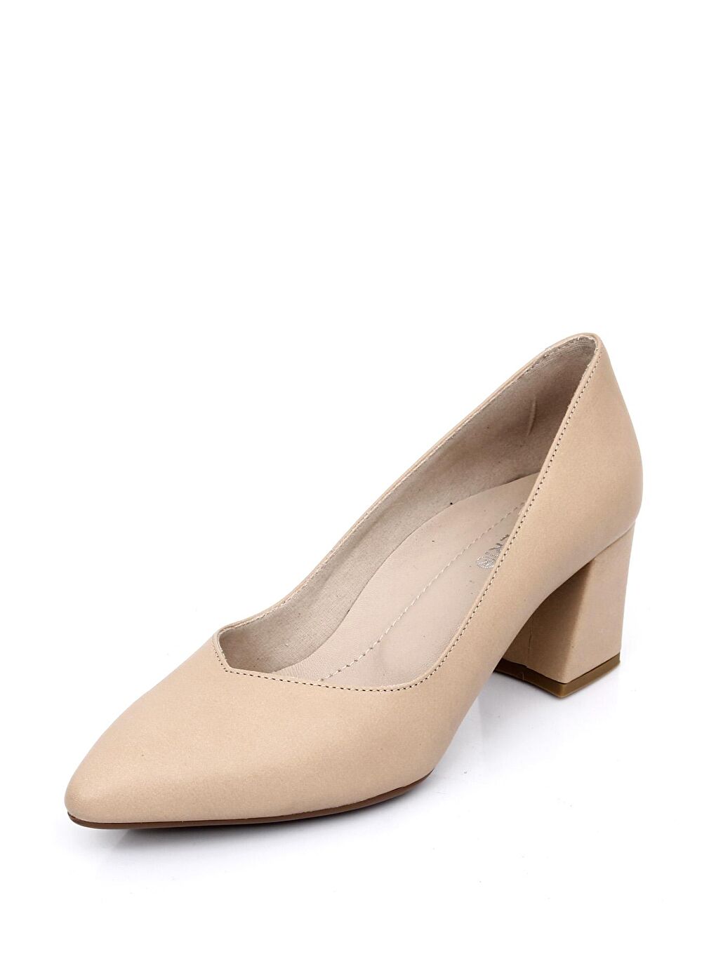 Bej NUDE  Hakiki Deri Sivri Burun Orta Kalın Topuklu Kadın Ayakkabı 24170-7
