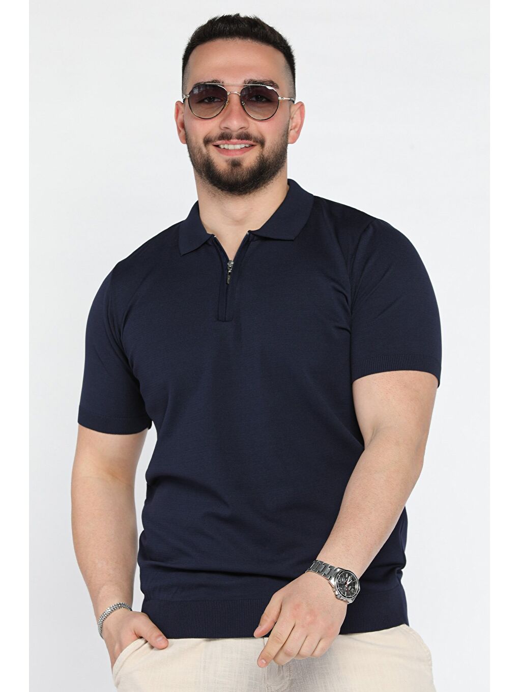 Lacivert Erkek Düz Renk Yarım Fermuarlı Polo Yaka Triko Tişört