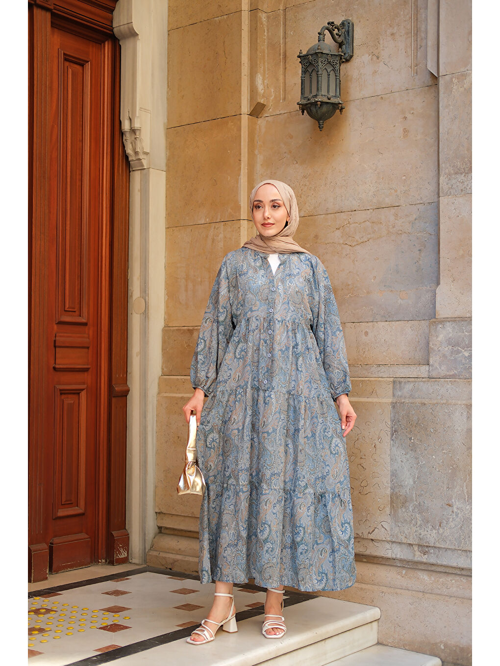 Kadın Cassime Desenli Elbise Petrol Mavi