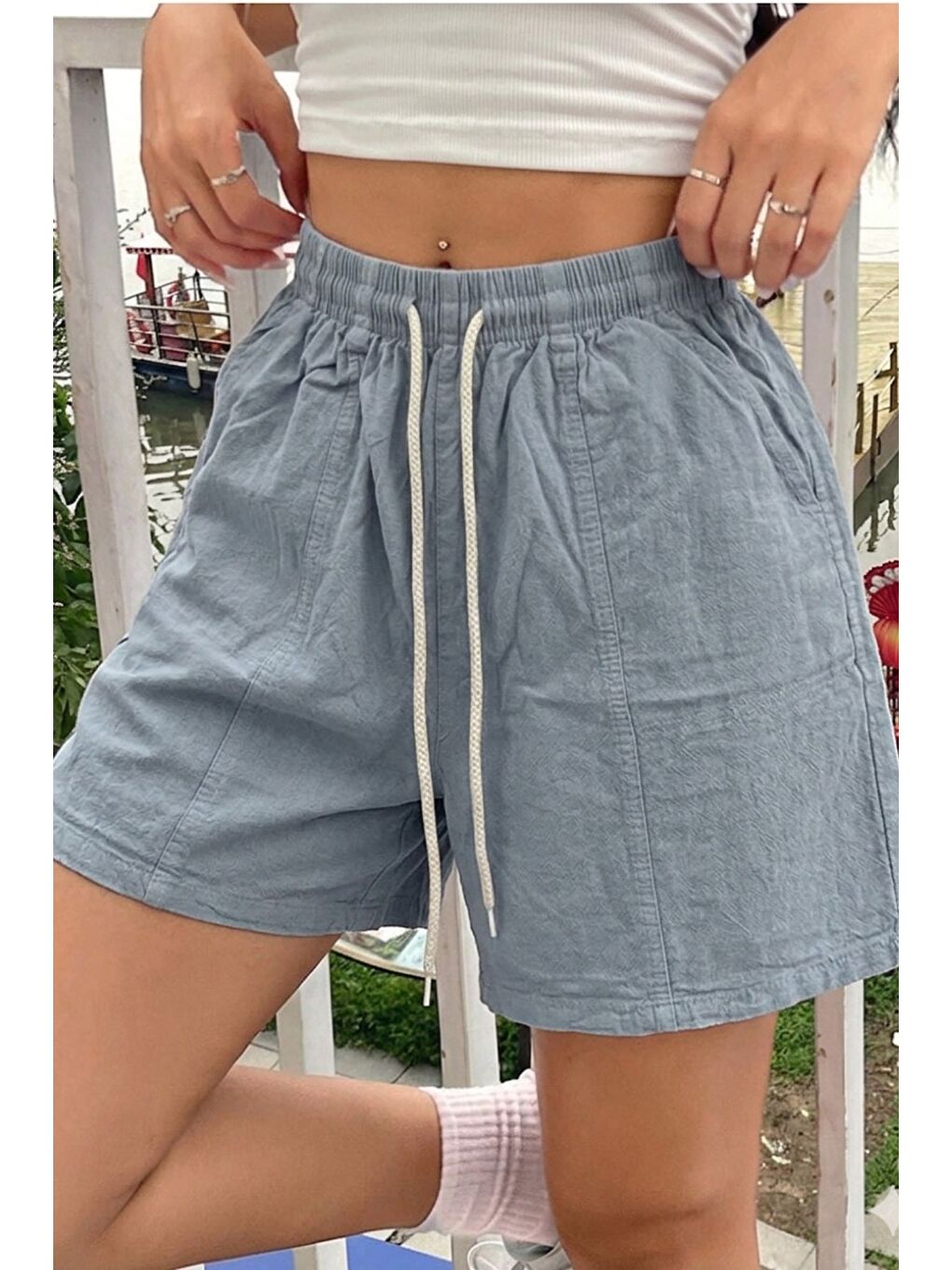 Lila Kadın %100 Pamuk Lastikli Bel Rahat Kesim Yazlık Şort