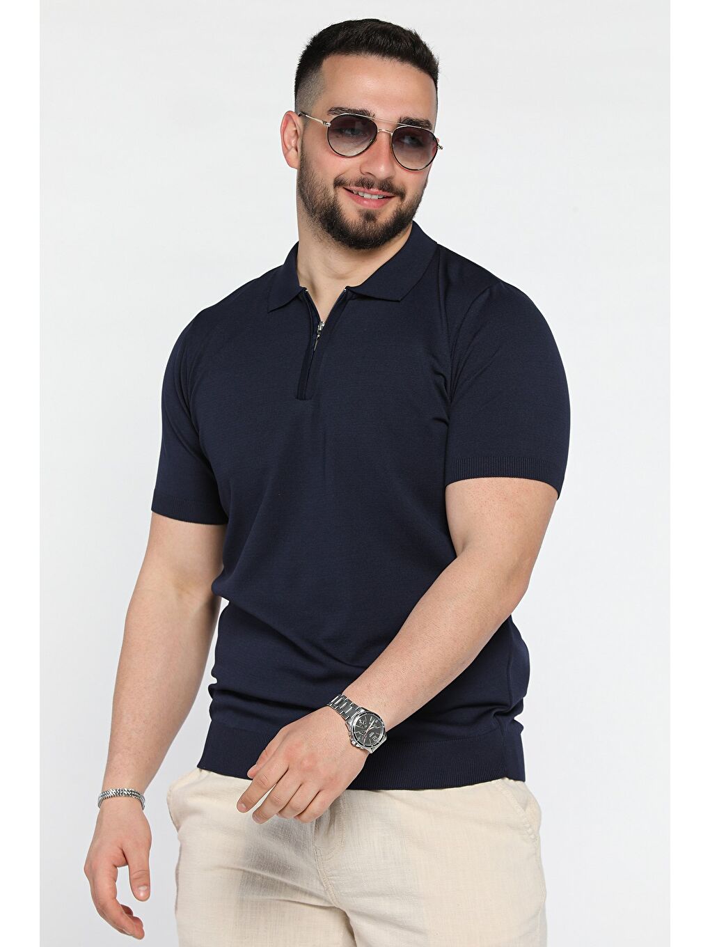 Lacivert Erkek Düz Renk Yarım Fermuarlı Polo Yaka Triko Tişört-1