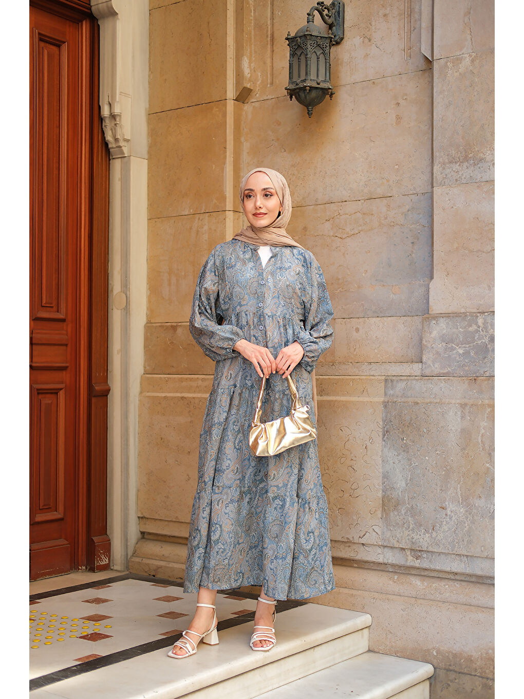 Kadın Cassime Desenli Elbise Petrol Mavi-1