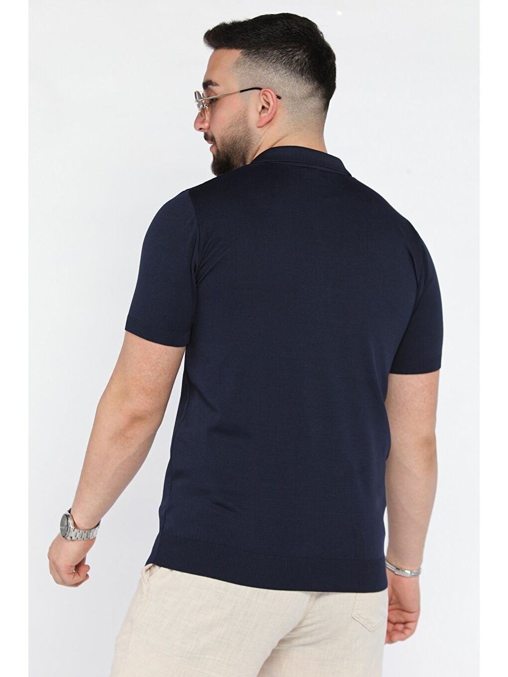 Lacivert Erkek Düz Renk Yarım Fermuarlı Polo Yaka Triko Tişört-2