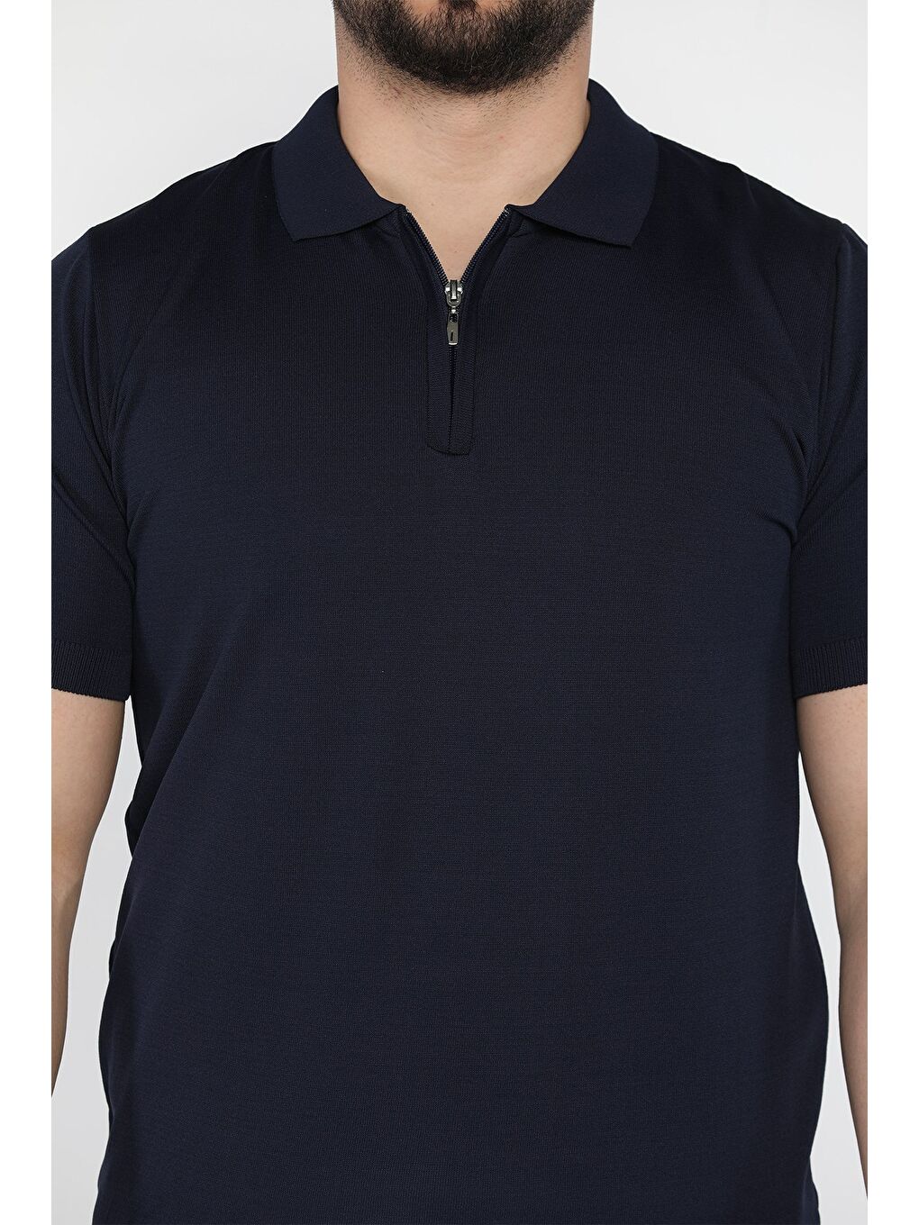 Lacivert Erkek Düz Renk Yarım Fermuarlı Polo Yaka Triko Tişört-3