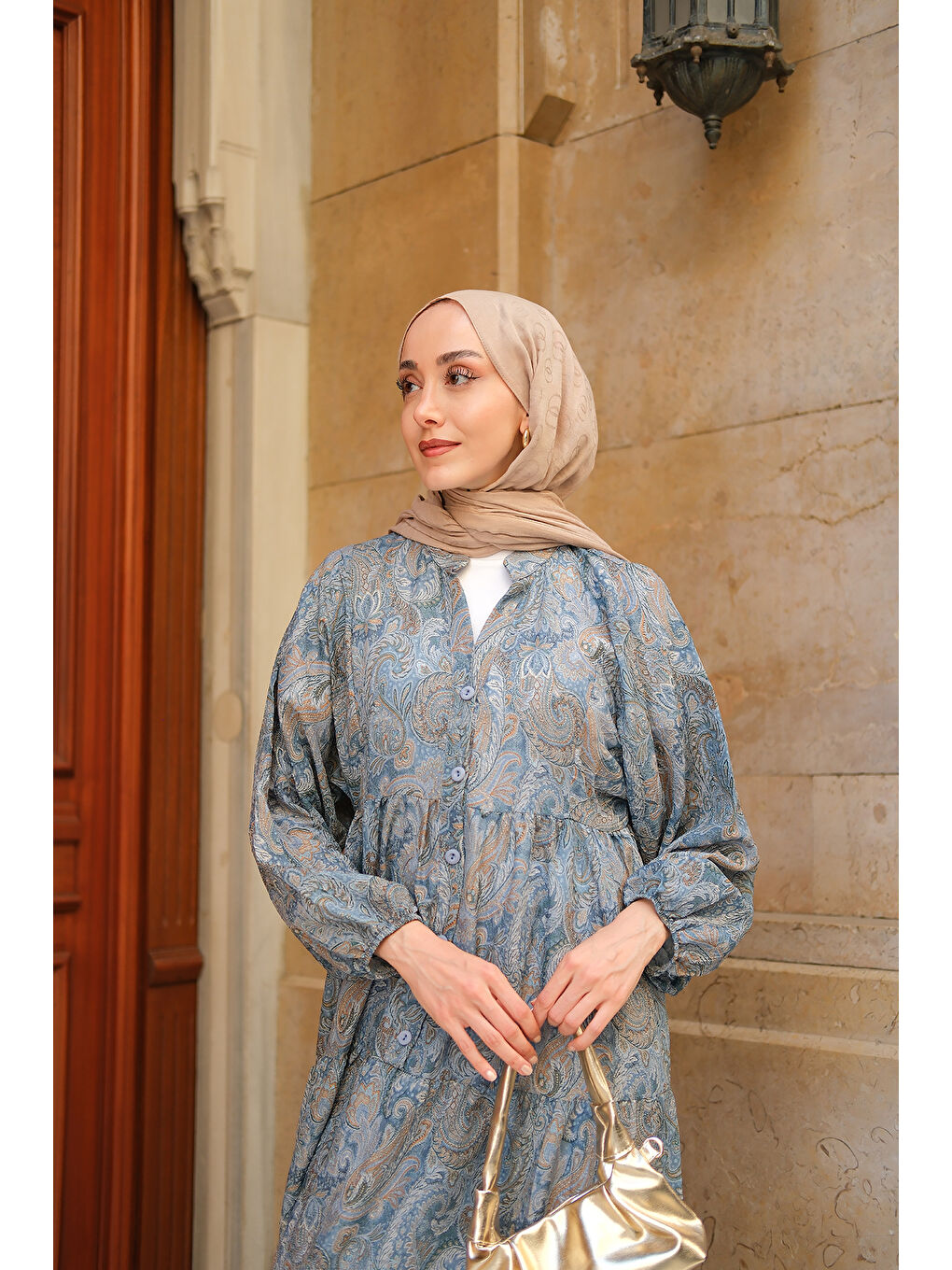 Kadın Cassime Desenli Elbise Petrol Mavi-2