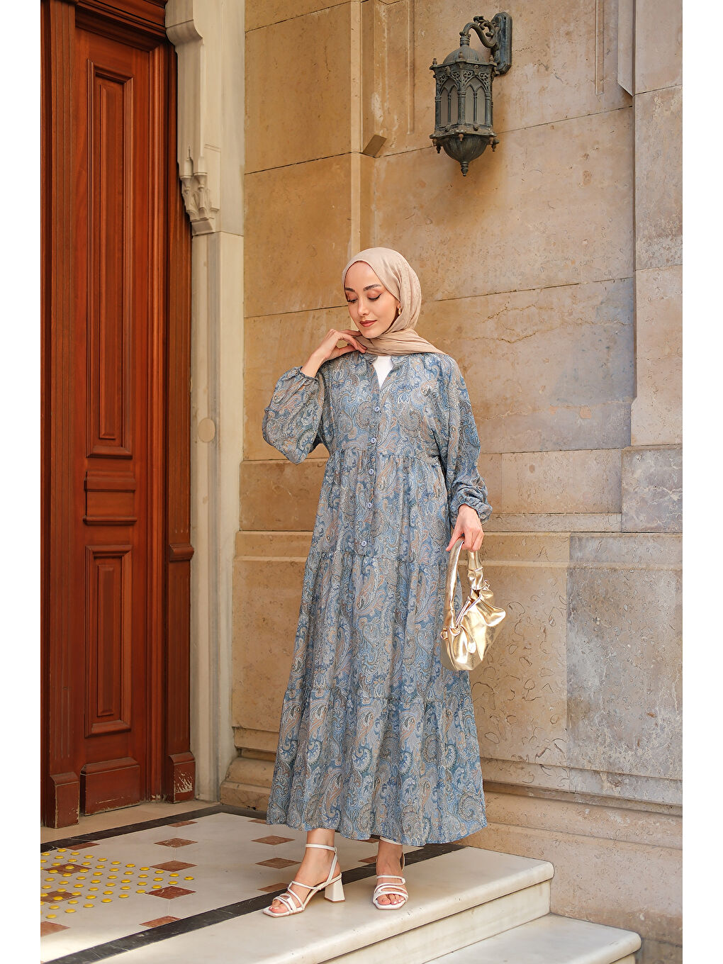 Kadın Cassime Desenli Elbise Petrol Mavi-3