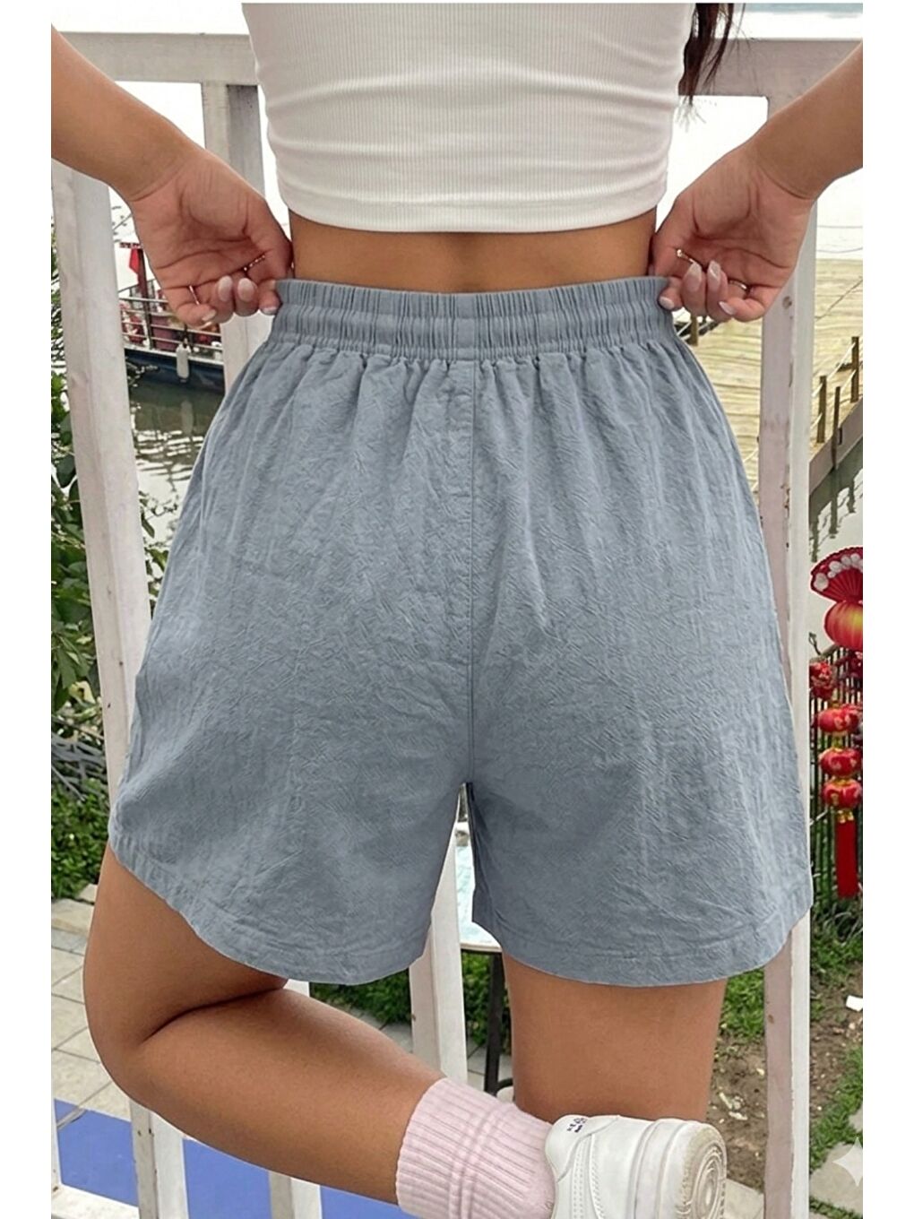 Lila Kadın %100 Pamuk Lastikli Bel Rahat Kesim Yazlık Şort-1