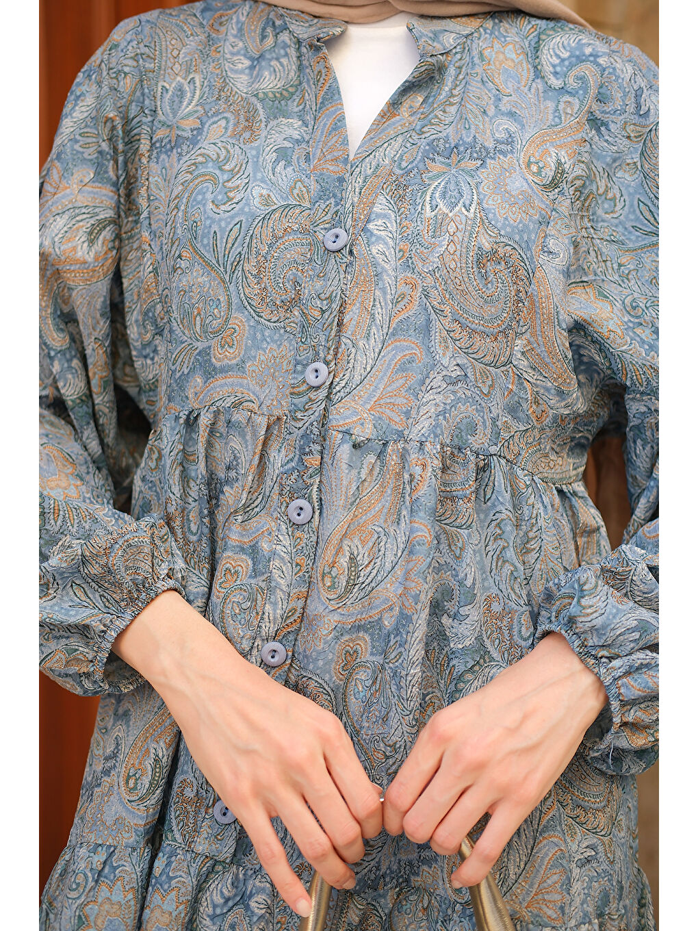 Kadın Cassime Desenli Elbise Petrol Mavi-4