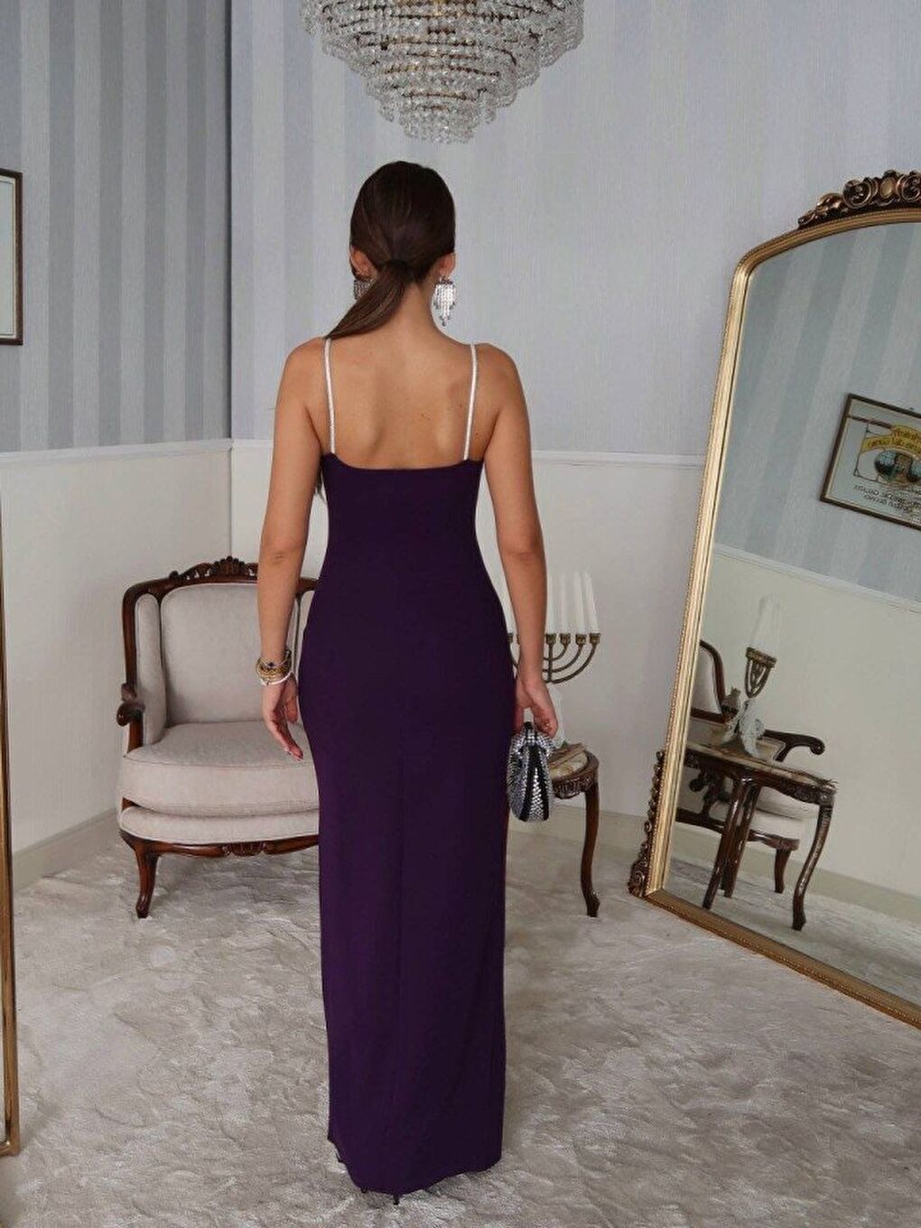 Mürdüm Kadın Omuz Askılı Derin Yırtmaç Detay Maxi Boy Elbise-2