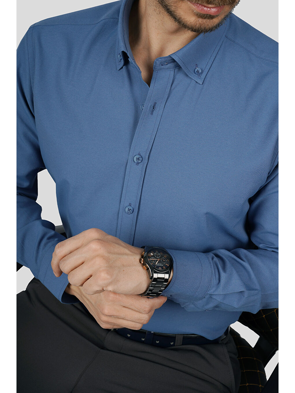 İndigo Yaka Düğmeli Premium Şamre Slimfit Erkek Gömlek