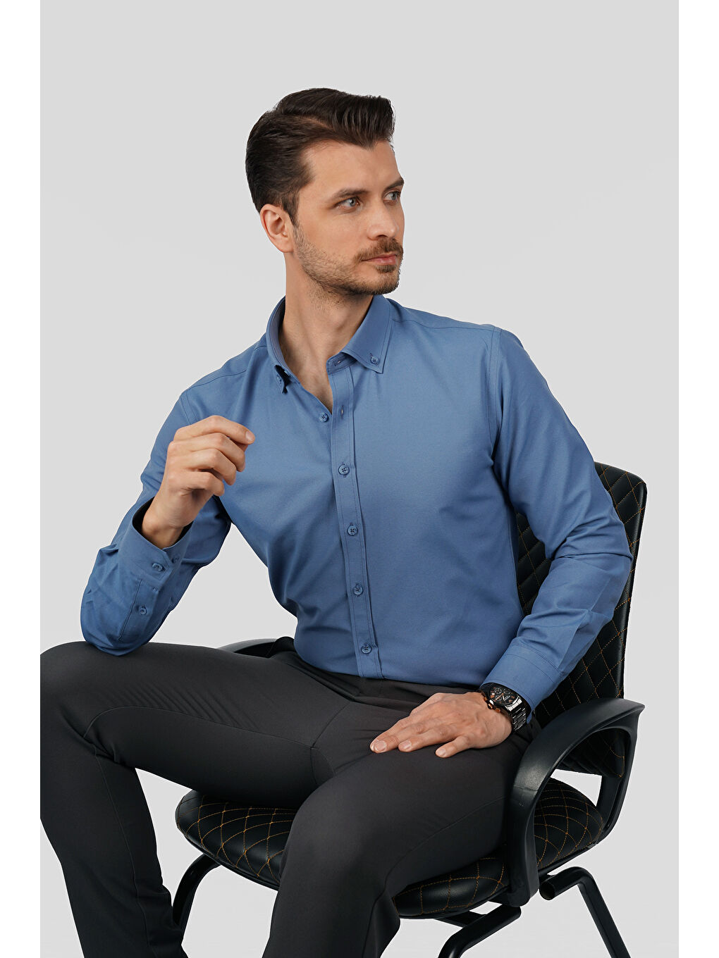 İndigo Yaka Düğmeli Premium Şamre Slimfit Erkek Gömlek-1