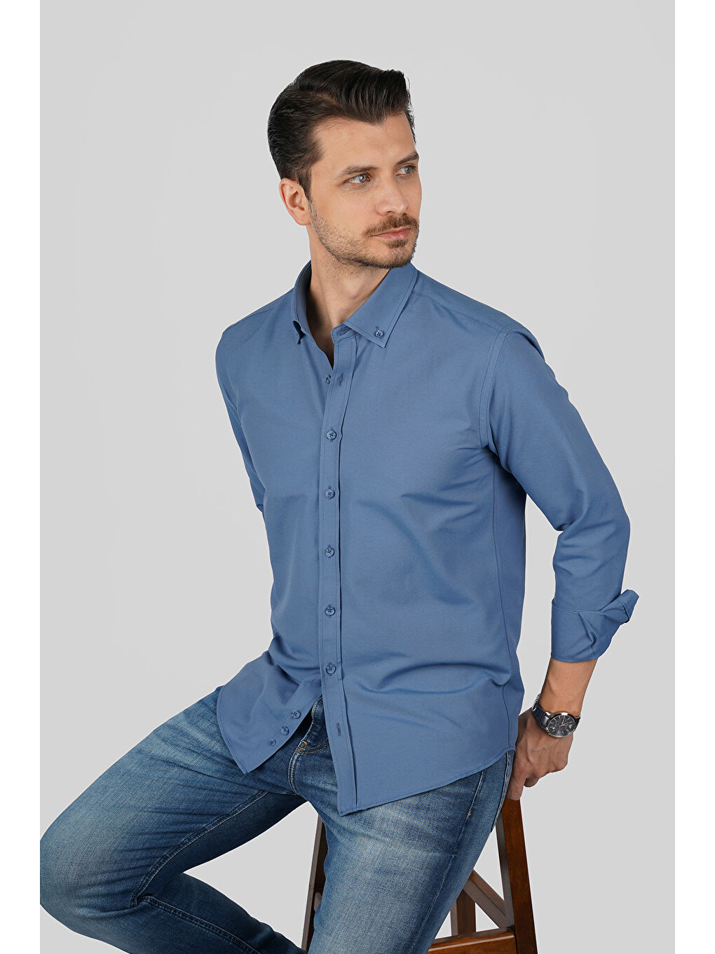 İndigo Yaka Düğmeli Premium Şamre Slimfit Erkek Gömlek-2