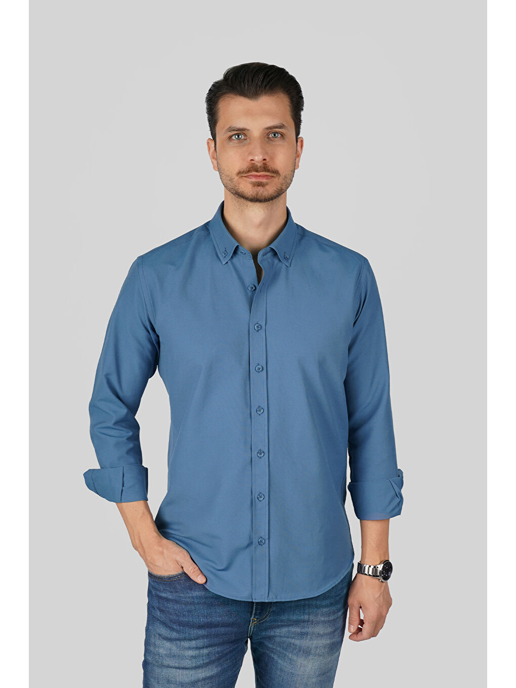 İndigo Yaka Düğmeli Premium Şamre Slimfit Erkek Gömlek-3