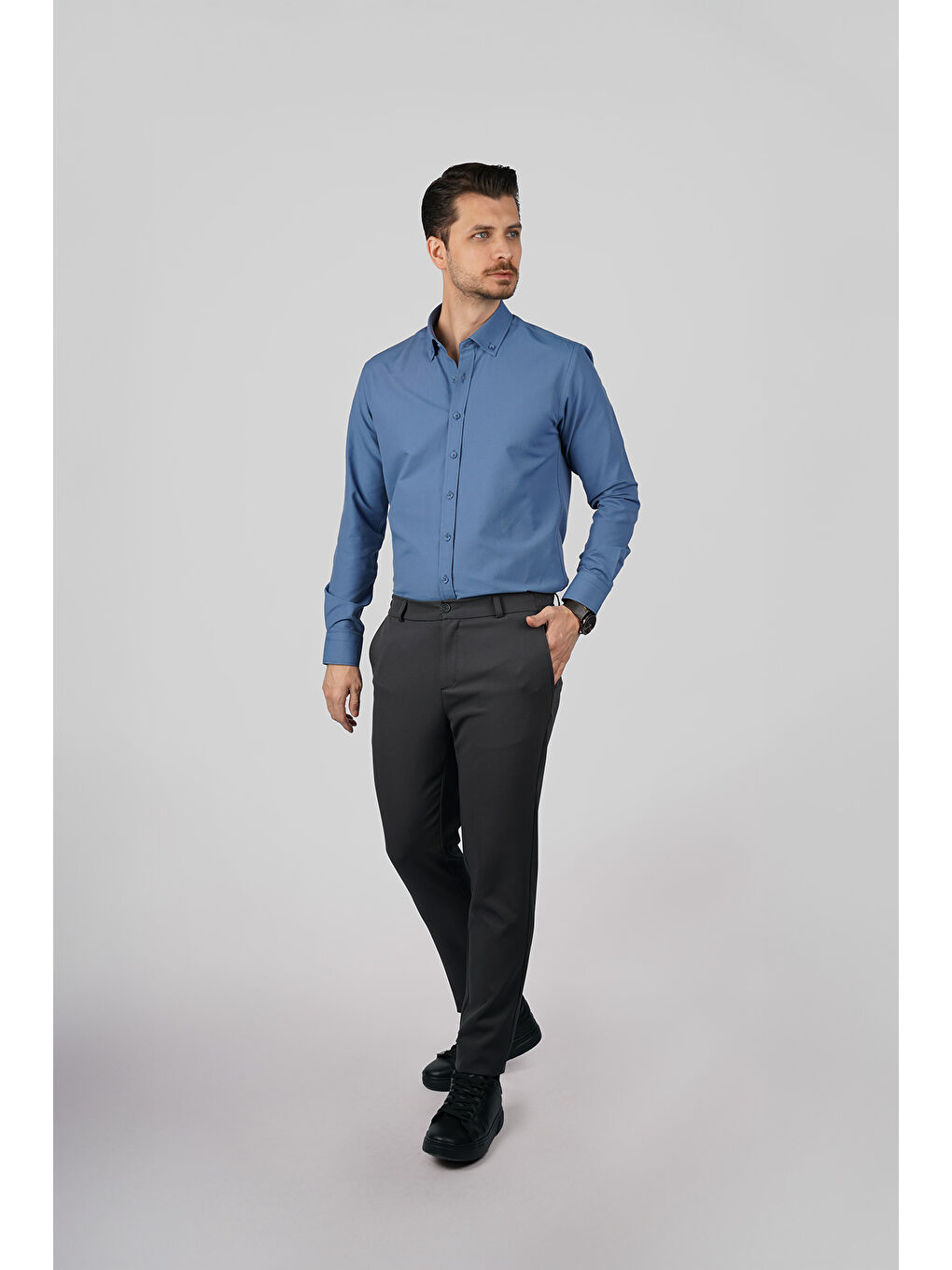 İndigo Yaka Düğmeli Premium Şamre Slimfit Erkek Gömlek-5