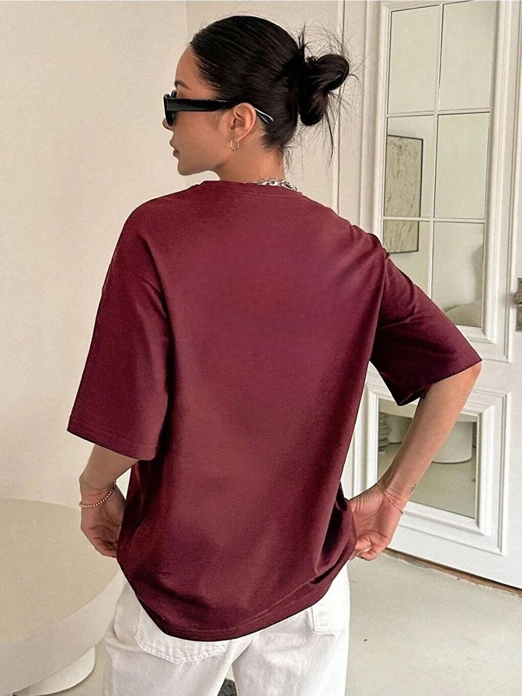 Kadın Bordo Papatya Baskı Regular Fit Tişört-1
