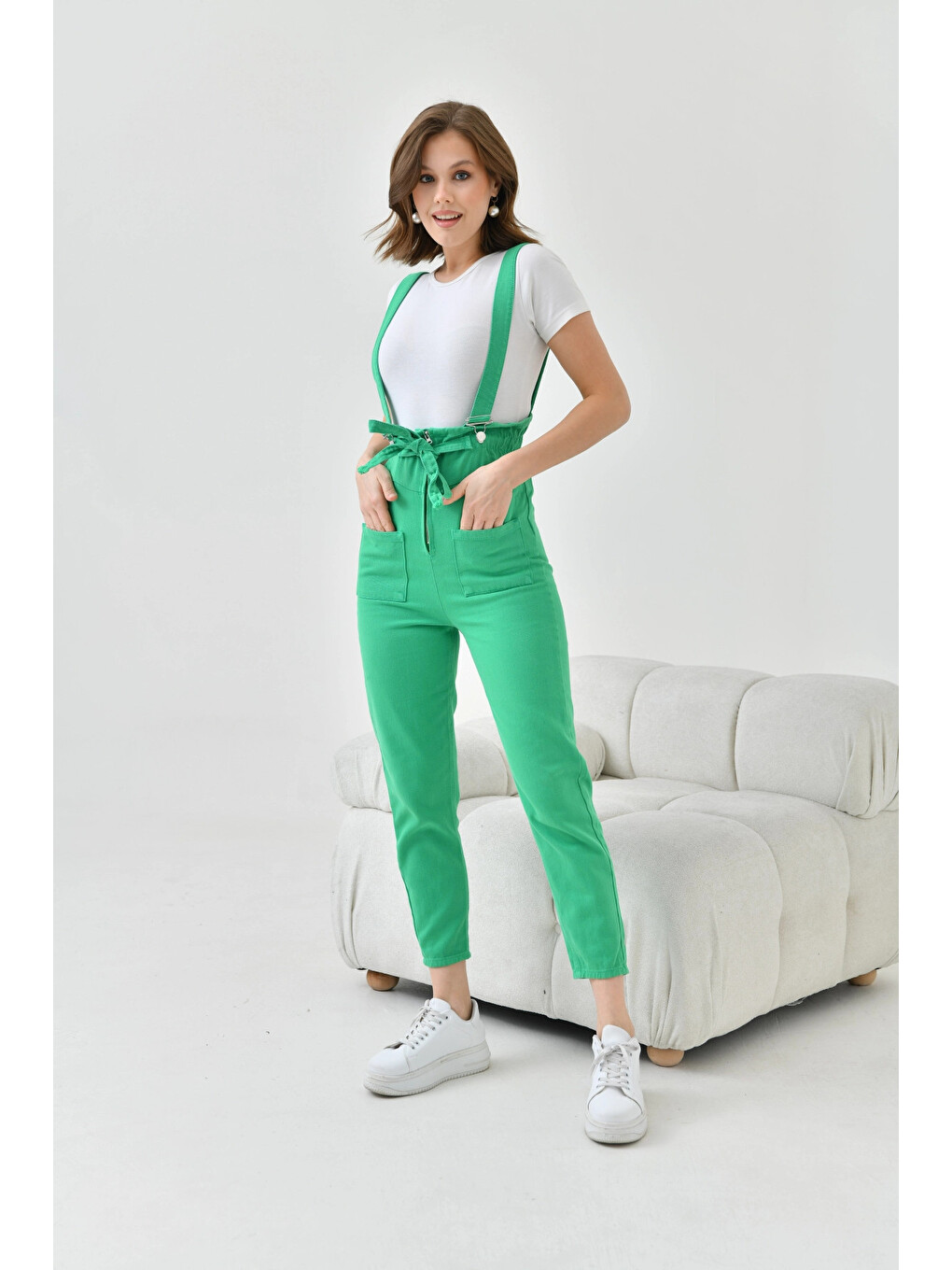 Kadın Yeşil Beli Lastikli Denim Bahçıvan Salopet Tulum-3