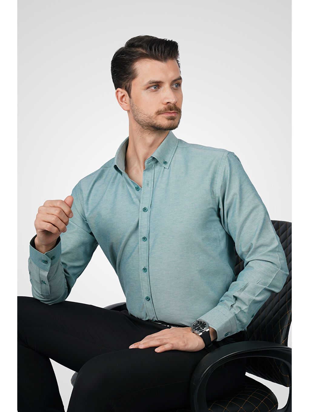Mint Yeşili Yaka Düğmeli Premium Şamre Slimfit Erkek Gömlek-1