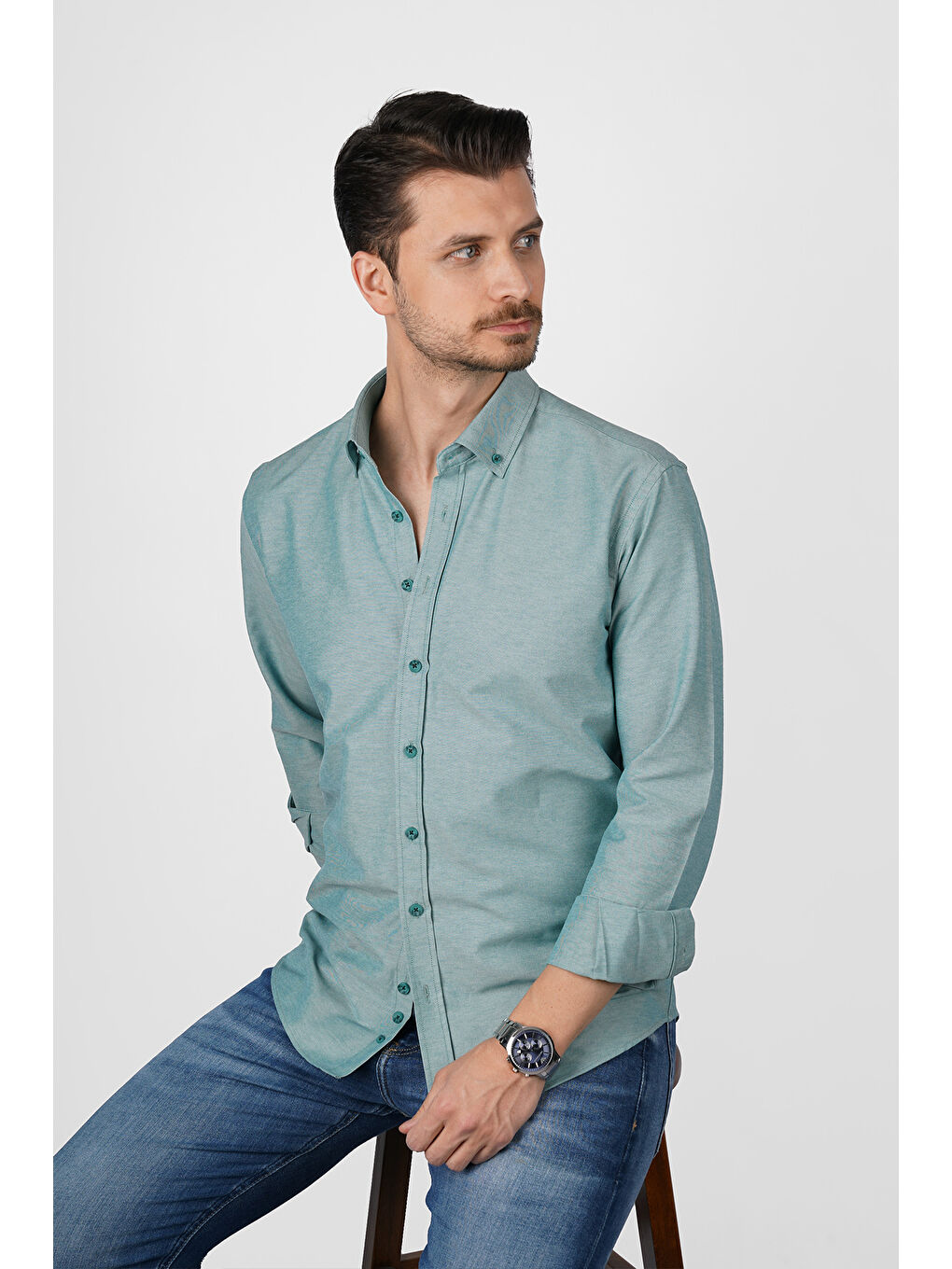 Mint Yeşili Yaka Düğmeli Premium Şamre Slimfit Erkek Gömlek-2