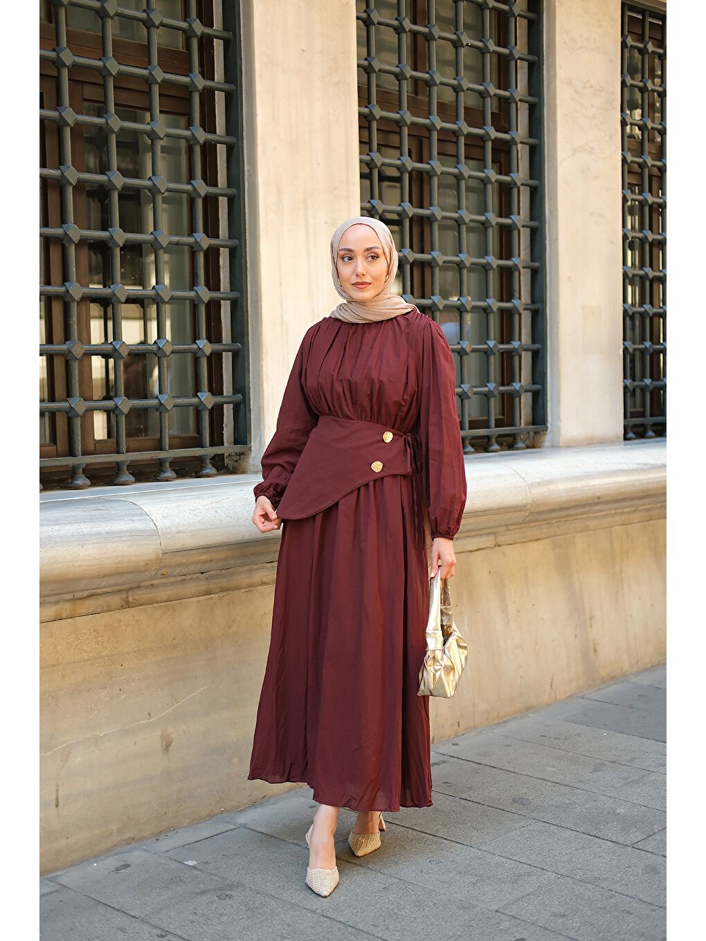 Kadın Kuşaklı Kraş Elbise Bordo-1