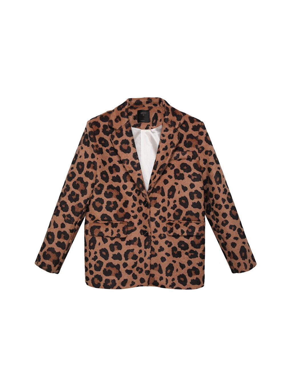 QUZU Camel Leopar Desenli Oversize Kaşe Blazer Ceket Camel