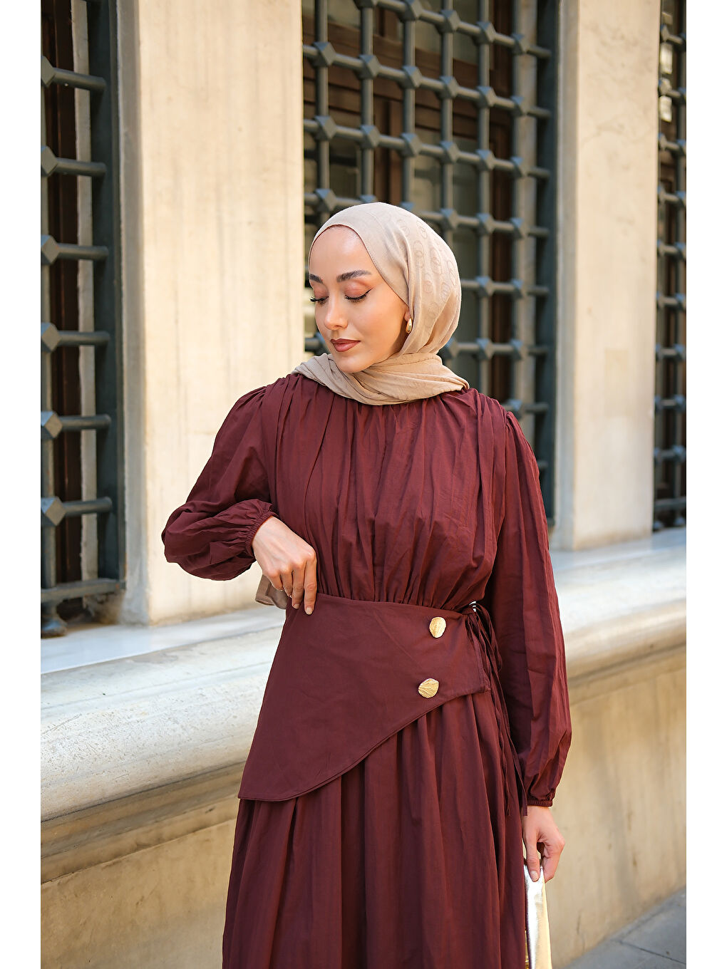 Kadın Kuşaklı Kraş Elbise Bordo-2