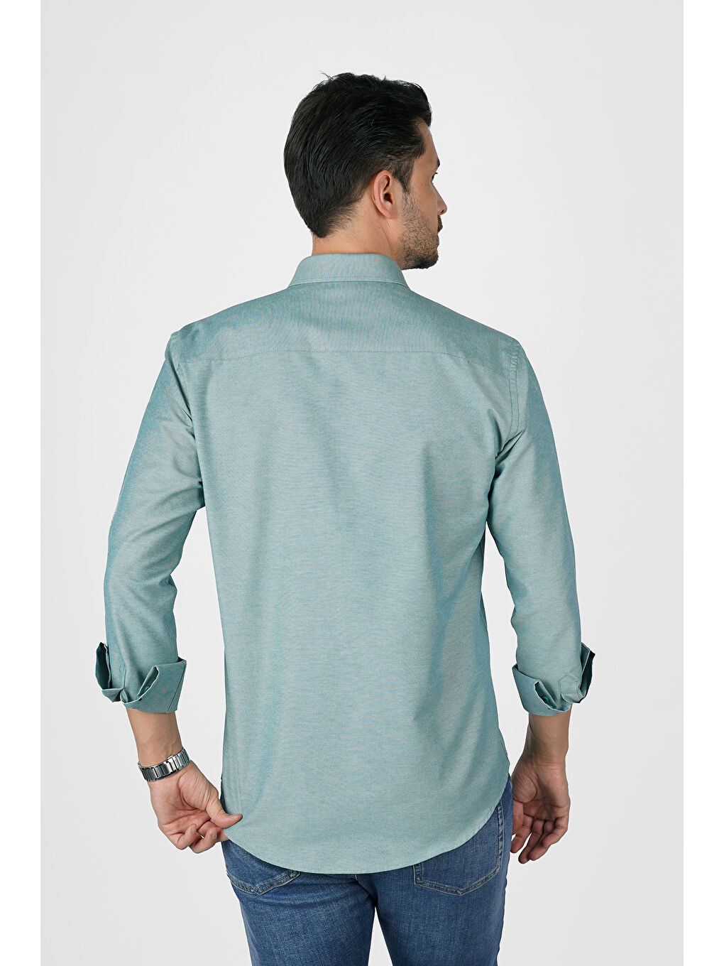 Mint Yeşili Yaka Düğmeli Premium Şamre Slimfit Erkek Gömlek-4
