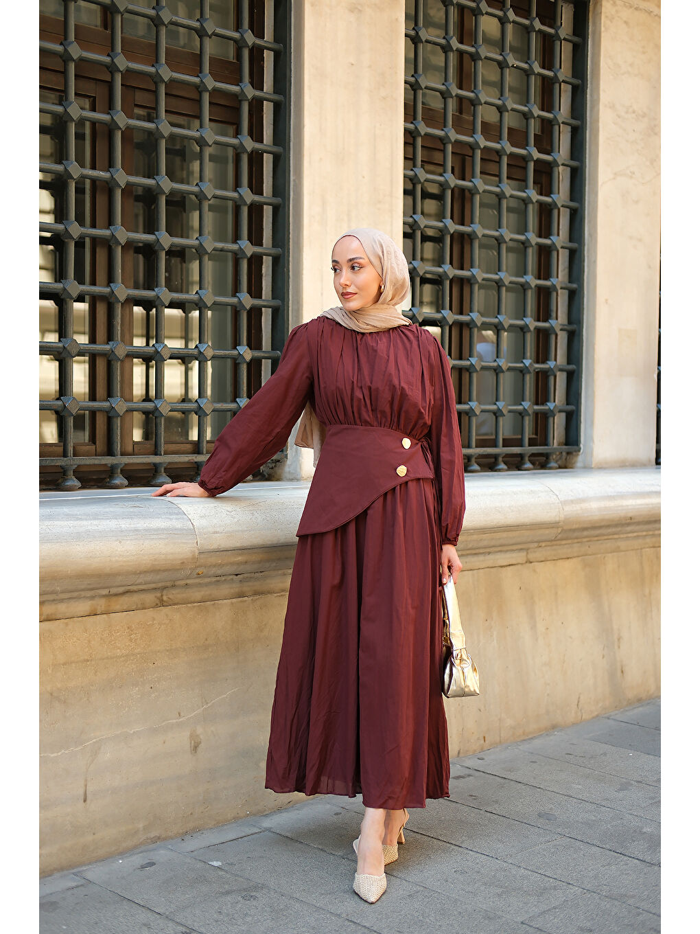 Kadın Kuşaklı Kraş Elbise Bordo-3