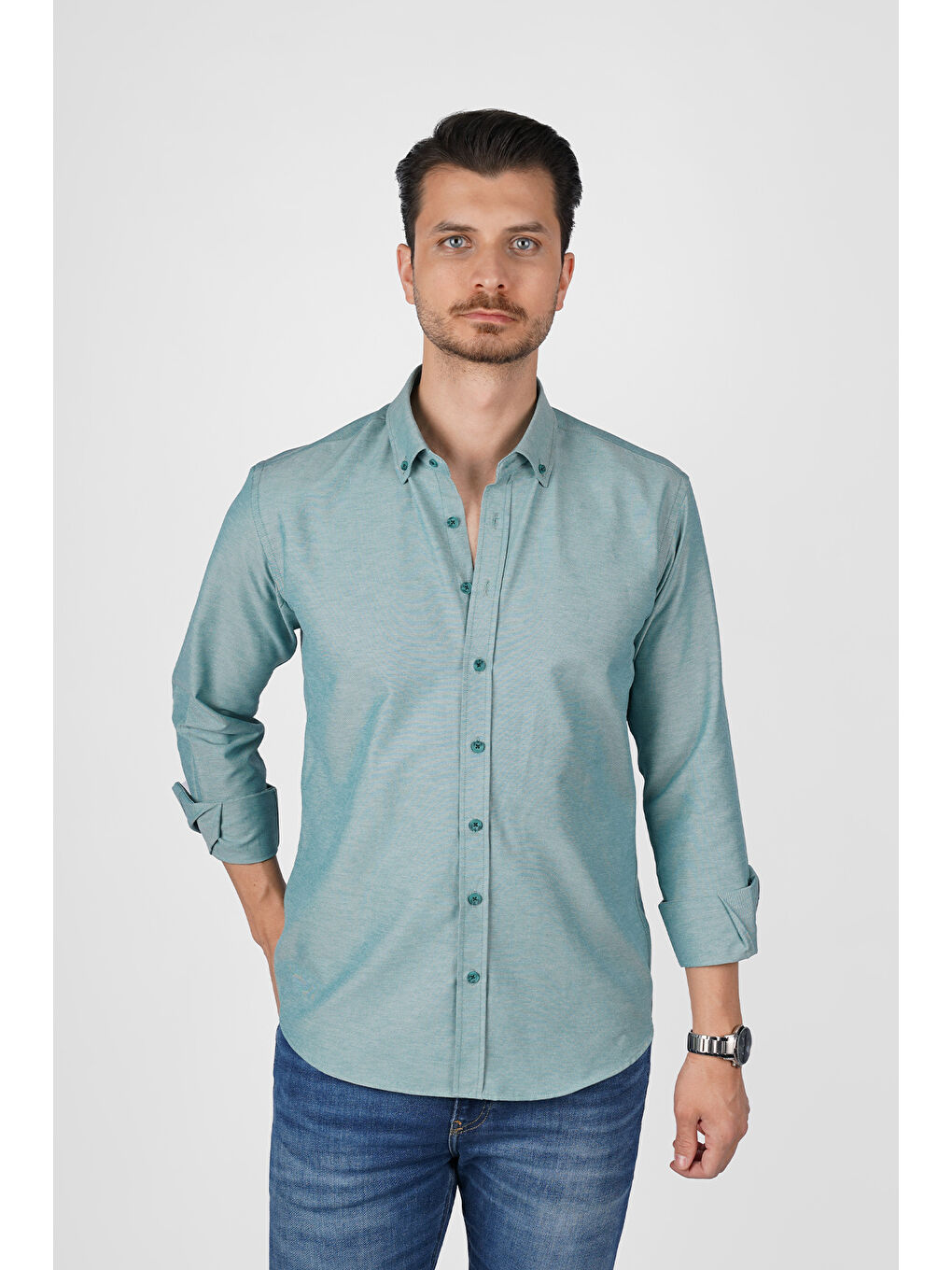 Mint Yeşili Yaka Düğmeli Premium Şamre Slimfit Erkek Gömlek-5