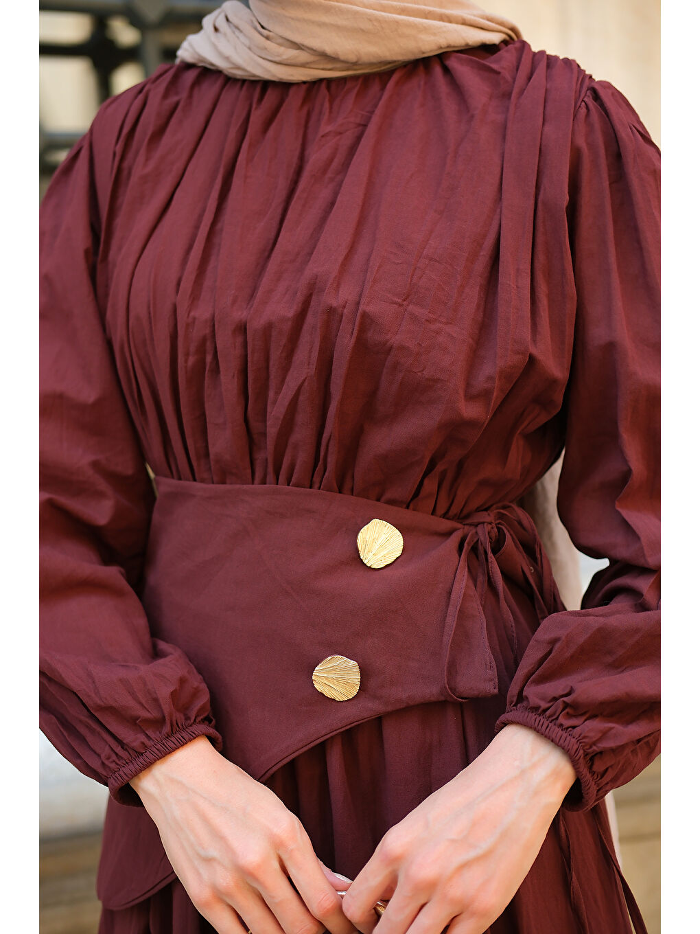 Kadın Kuşaklı Kraş Elbise Bordo-4