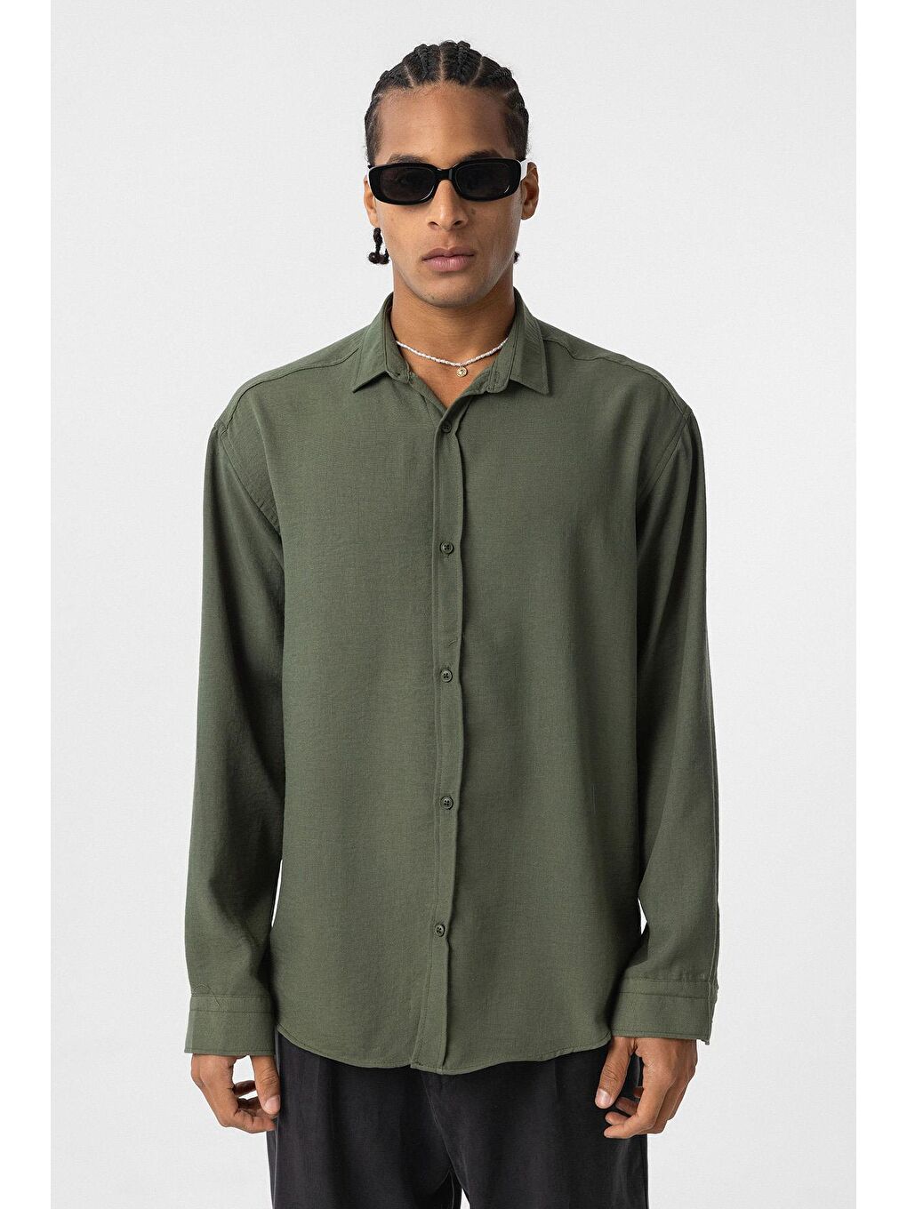Basic Oversize Uzun Kol Keten Görünümlü Gömlek Haki-1