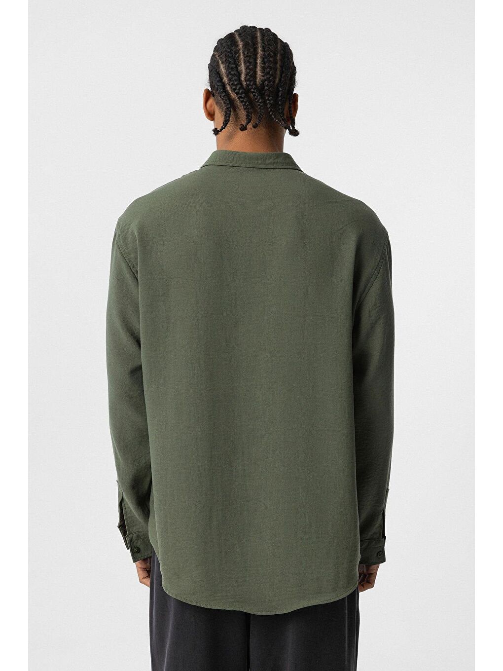 Basic Oversize Uzun Kol Keten Görünümlü Gömlek Haki-3