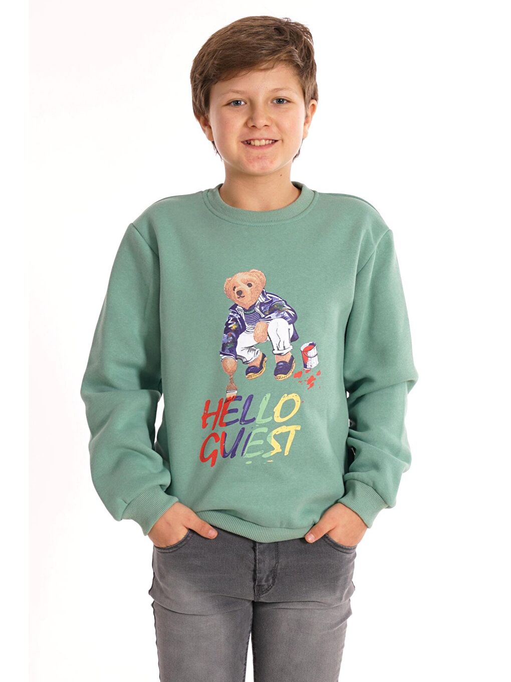 Yeşil Hello Guest Baskılı Çağla Renk Erkek Çocuk Sweat