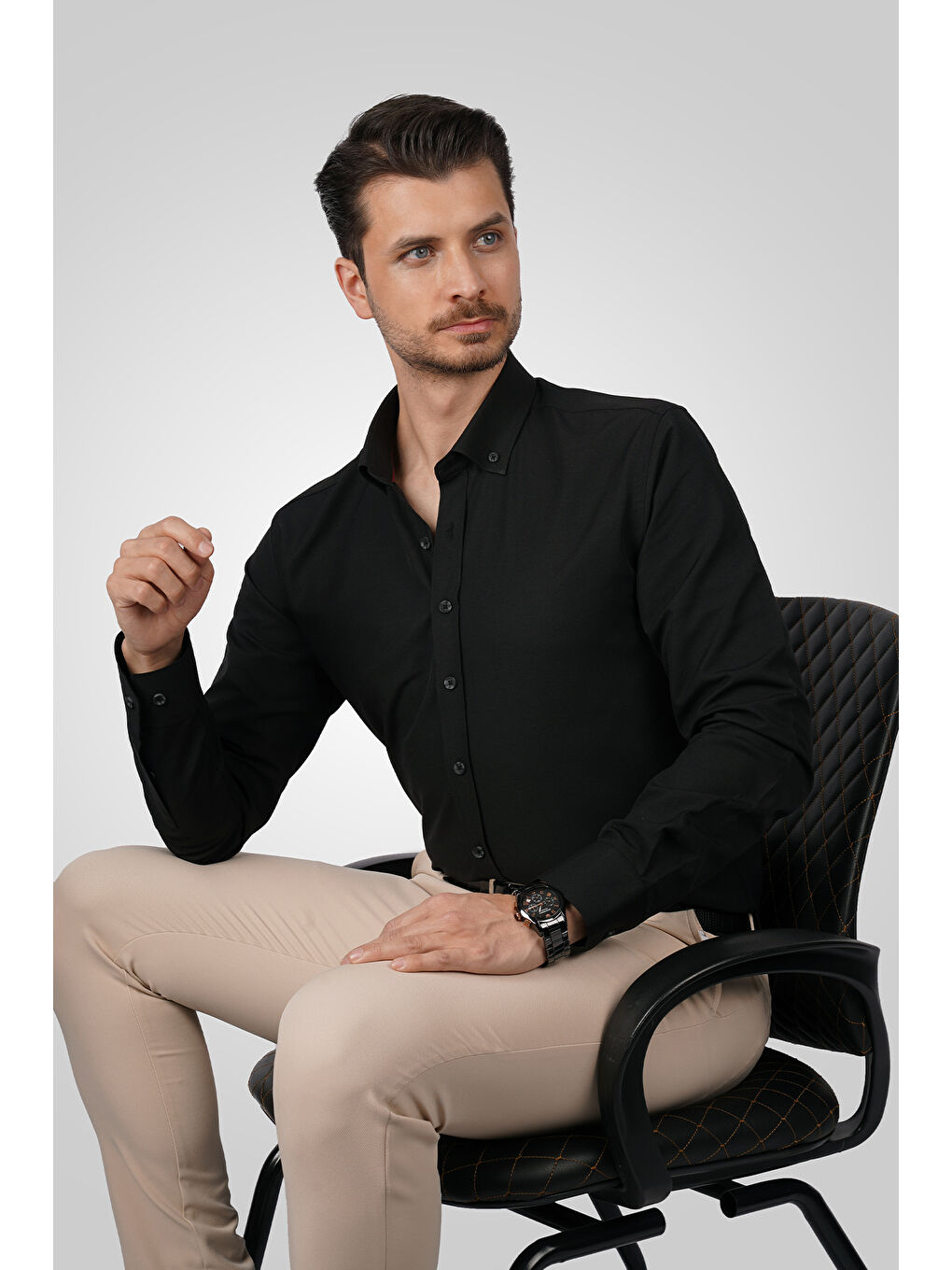 Siyah Yaka Düğmeli Premium Şamre Slimfit Erkek Gömlek-1