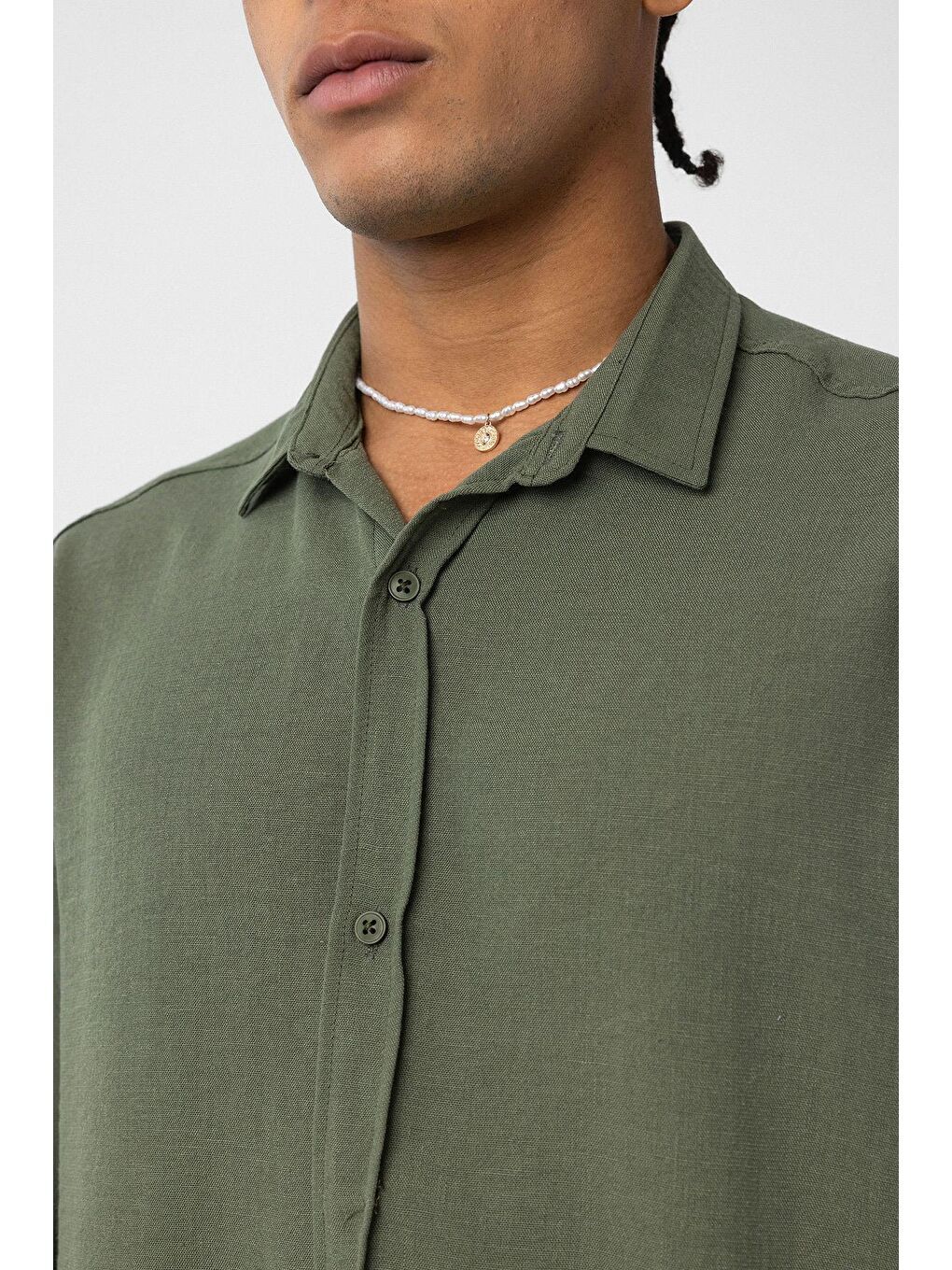 Basic Oversize Uzun Kol Keten Görünümlü Gömlek Haki-5