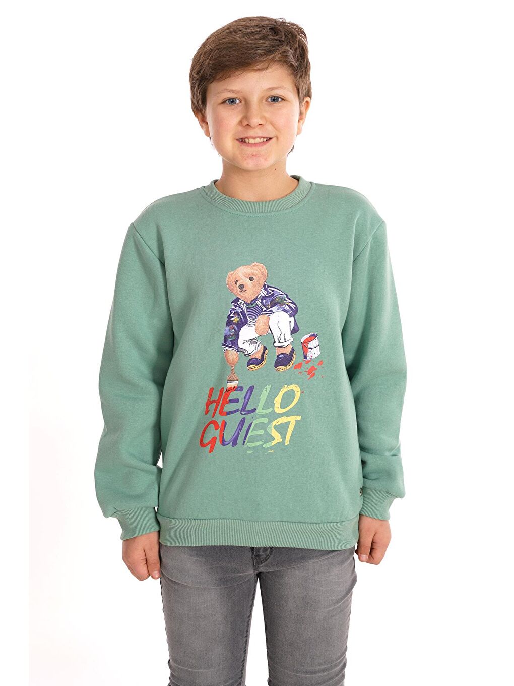Yeşil Hello Guest Baskılı Çağla Renk Erkek Çocuk Sweat-1