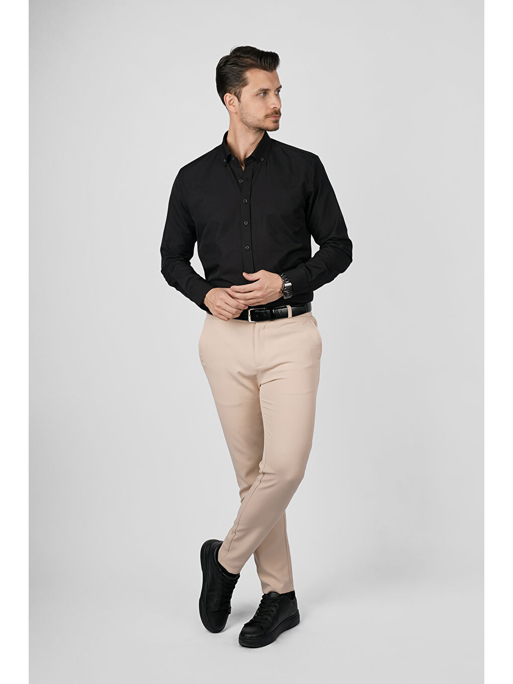 Siyah Yaka Düğmeli Premium Şamre Slimfit Erkek Gömlek-2