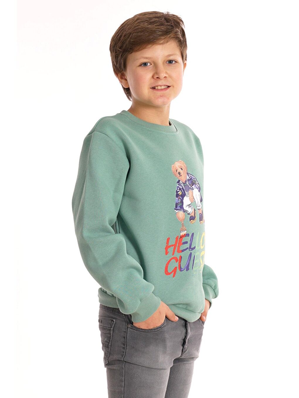 Yeşil Hello Guest Baskılı Çağla Renk Erkek Çocuk Sweat-3