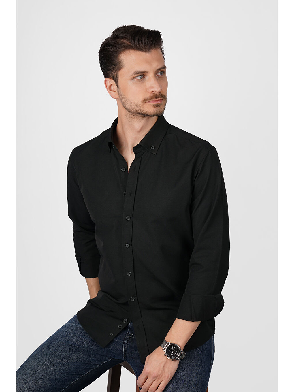 Siyah Yaka Düğmeli Premium Şamre Slimfit Erkek Gömlek-4