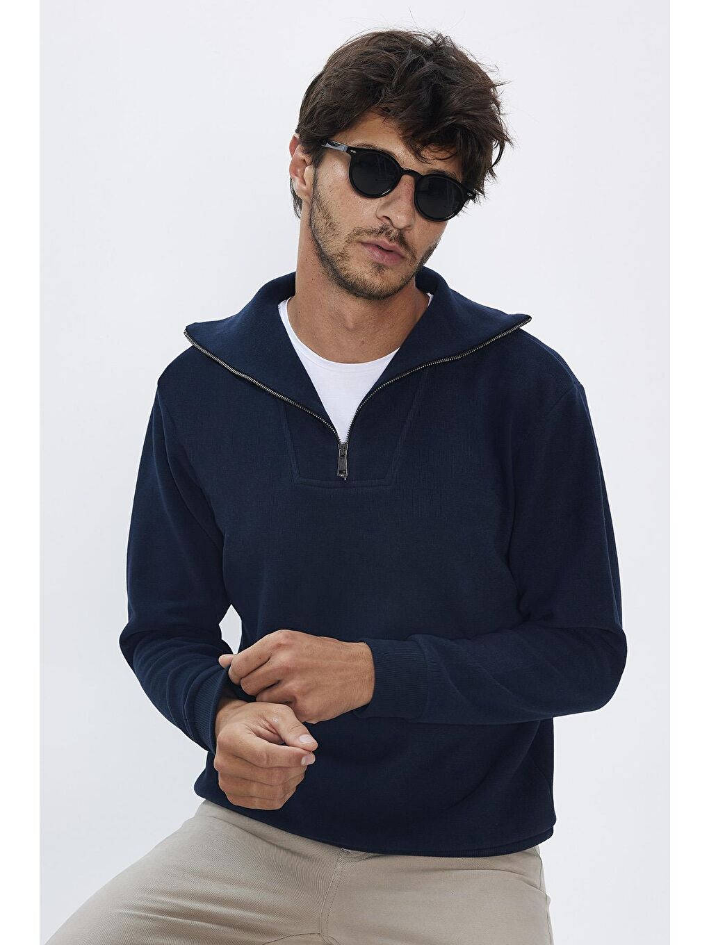 TUDORS İndigo Erkek Relax Fit Rahat Kesim Pamuklu İndigo Dik Yaka Sweatshirt