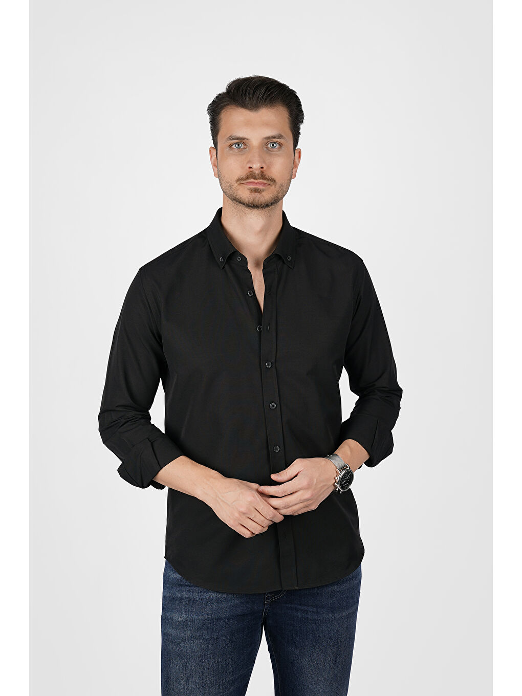 Siyah Yaka Düğmeli Premium Şamre Slimfit Erkek Gömlek-5