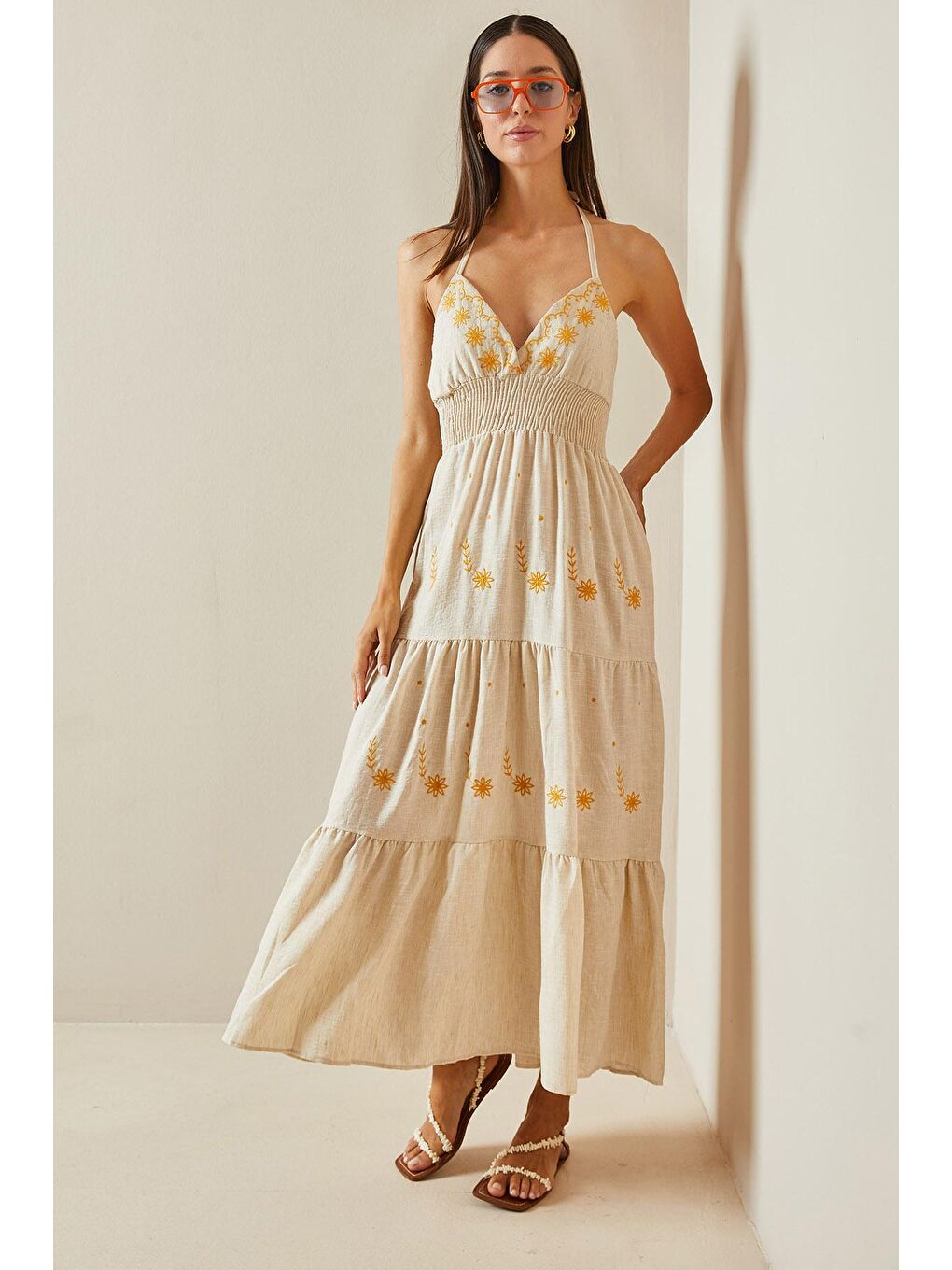 Bej Gipeli İnce Askılı Keten Elbise 5YXK6-48796-25