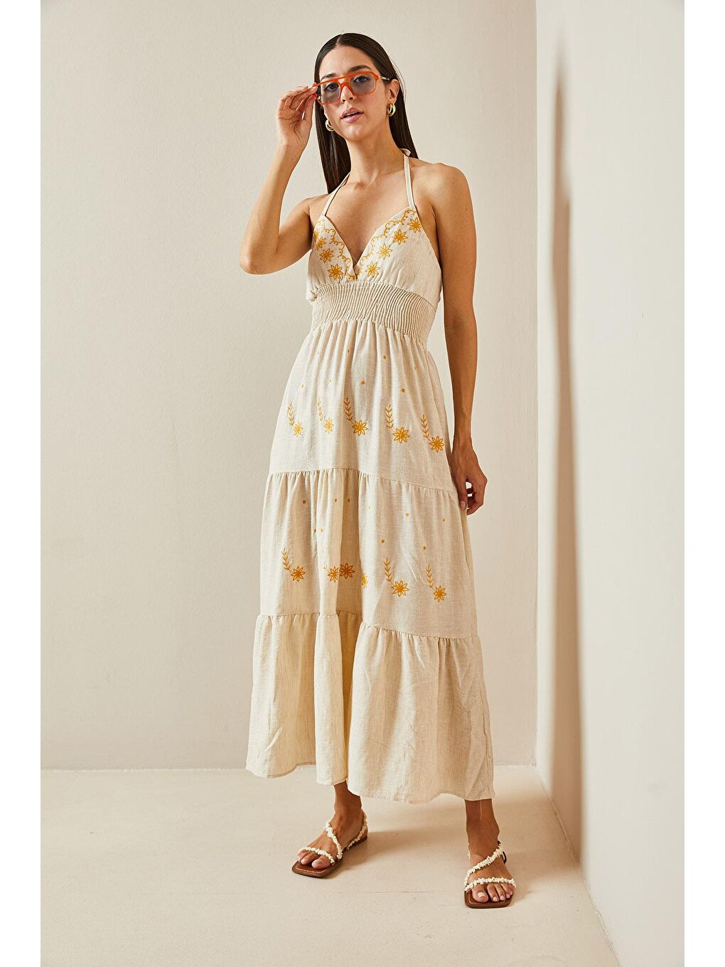 Bej Gipeli İnce Askılı Keten Elbise 5YXK6-48796-25-1