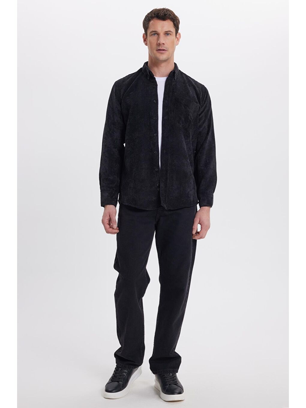Erkek Regular Fit Rahat Kesim Fitilli Kadife Görünüm Düğmeli Yaka Siyah Ceket Gömlek-3