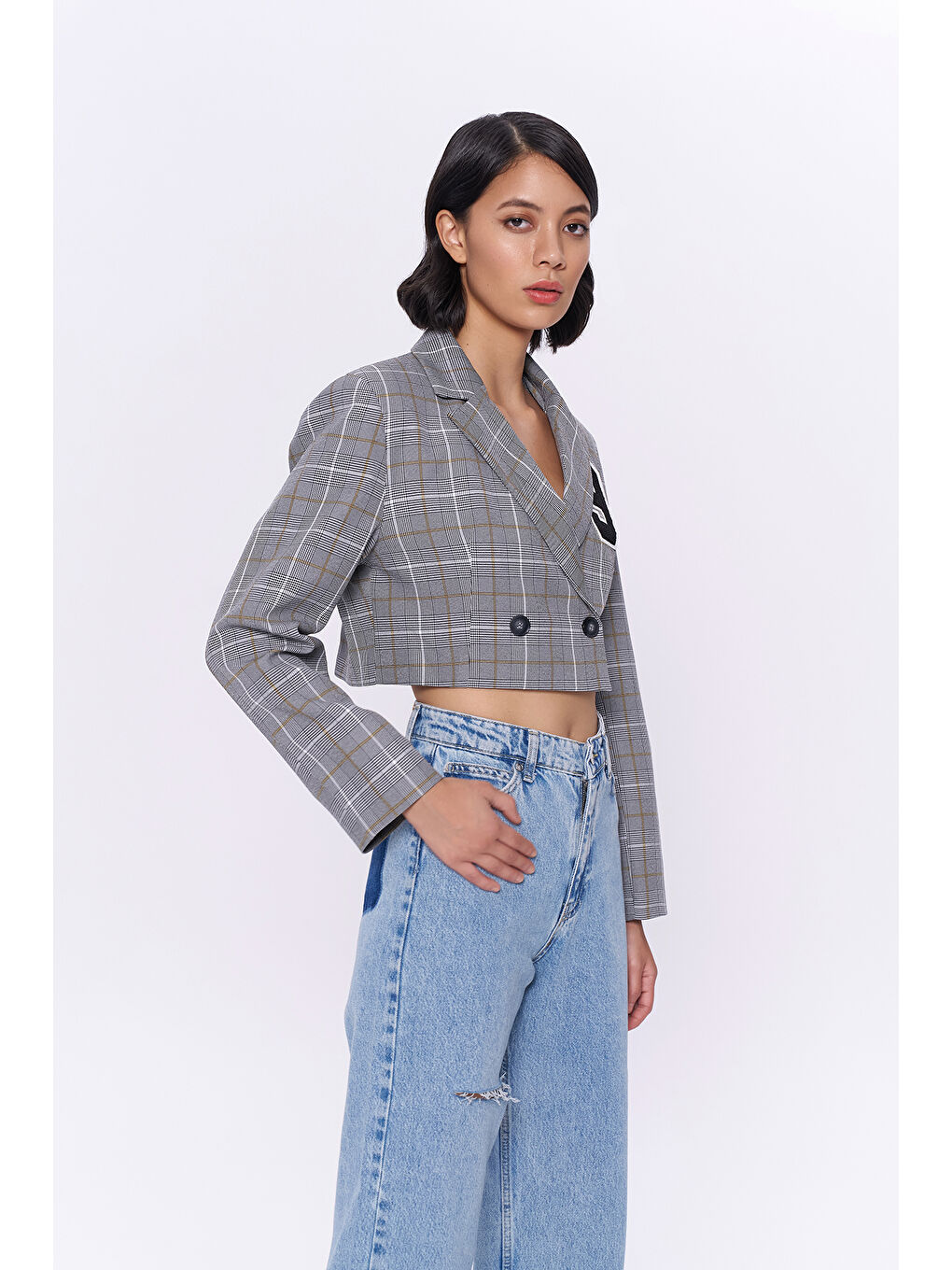 QUZU Gri Kareli Çift Düğmeli Crop Blazer Ceket Gri - 3