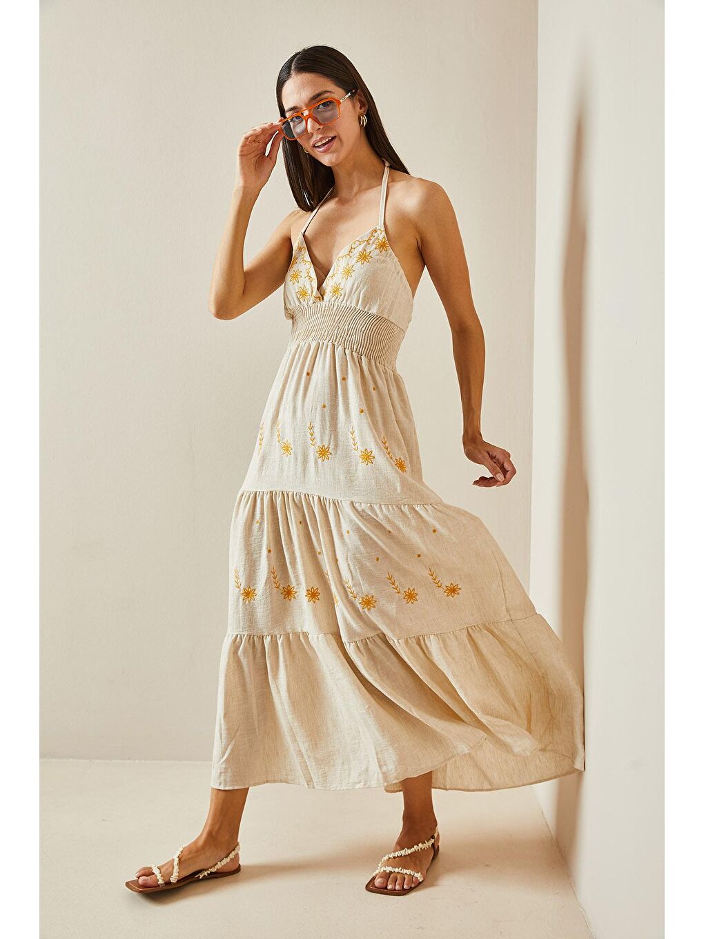 Bej Gipeli İnce Askılı Keten Elbise 5YXK6-48796-25-2